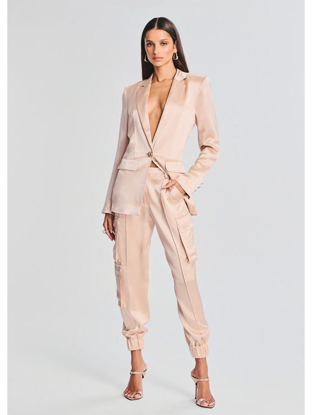 Retrofete Leo Blazer & Elias Cargo Pants in Satin Dusty Peach 2 Piece Set